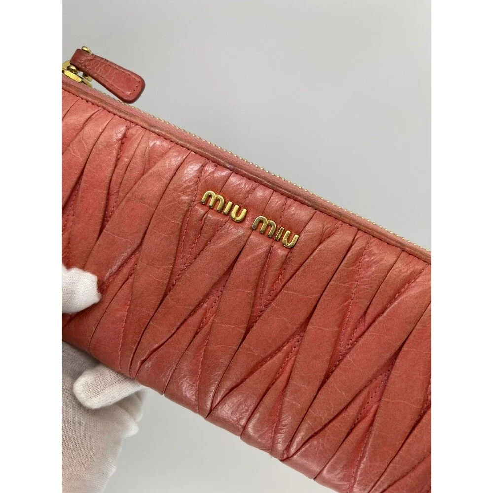 Authentic MIU MIU Logo Gather Leather Zip Around Long Wallet Pink/111